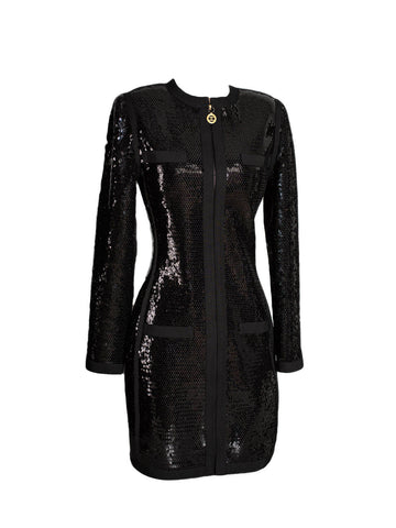 Top Quality Chanel Shiny Sequin Long Sleeve Mini Dress Black