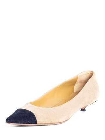 Top Quality Chanel Suede Leather Camellia Cap Toe Kitten Heels Beige Black