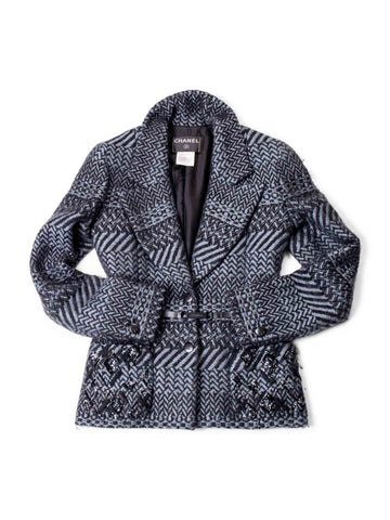 Top Quality Chanel Wool CC Logo Embroidered Belted Jacket Grey Black