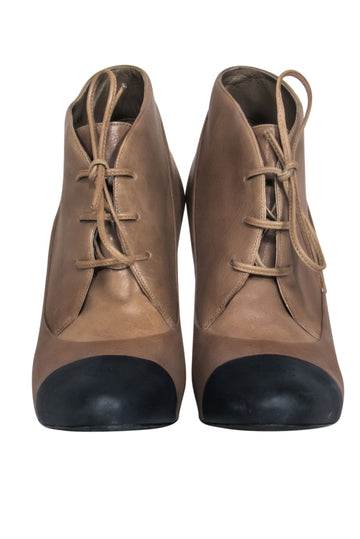 Top Quality Chanel – Beige Leather Stiletto w/ Navy Blue Cap Toe Lace Up Booties Sz 7