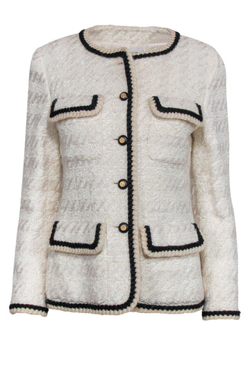 Top Quality Chanel - Beige Tweed Button-Up Jacket w/ Black Trim Sz 6