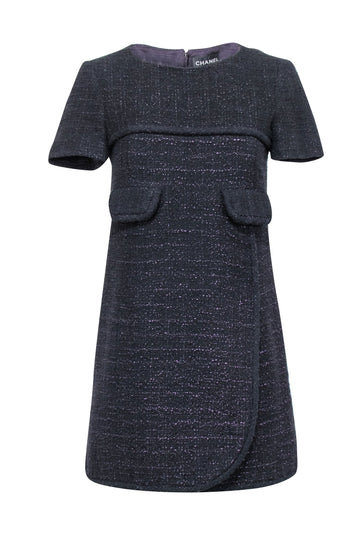 Top Quality Chanel - Black & Metallic Purple Tweed Short Sleeve Dress Sz 4