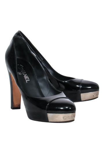 Top Quality Chanel - Black Patent Leather Platform Pumps w/ Silver Toe Sz 10.5