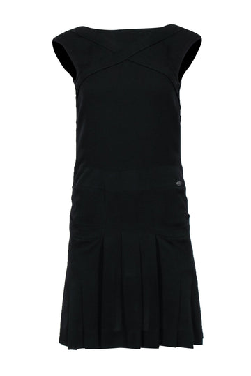 Top Quality Chanel - Black Silk Drop-Waist Sleeveless Dress w/ Pleated Skirt & Pockets Sz 2