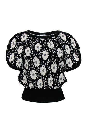 Top Quality Chanel - Black & White Floral Embroidered Short Sleeve Sweater Sz 4