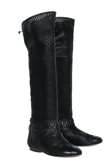 Top Quality Chanel - Black Woven Knee High Lace-Up Boots Sz 7