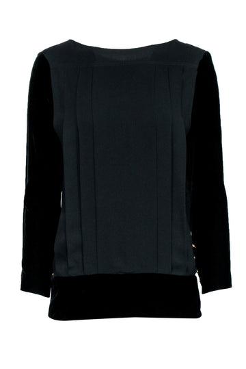 Top Quality Chanel -  Black w/ Velvet Long Sleeves & Button Back Sz S/M