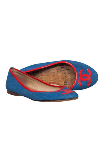 Top Quality Chanel - Blue Chambray Ballet Flats w/ Red Leather Trim Sz 10