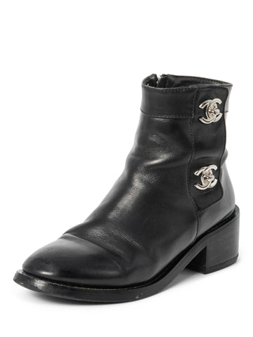 Top Quality Chanel CC Logo Leather Ankle Biker Boots Black Silver