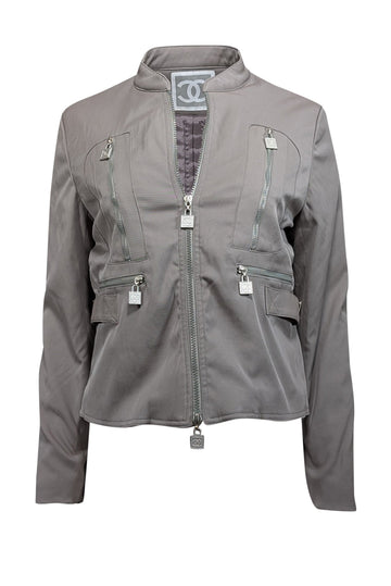 Top Quality Chanel - Grey Cargo Lock Zipper Detail Jacket Sz 8