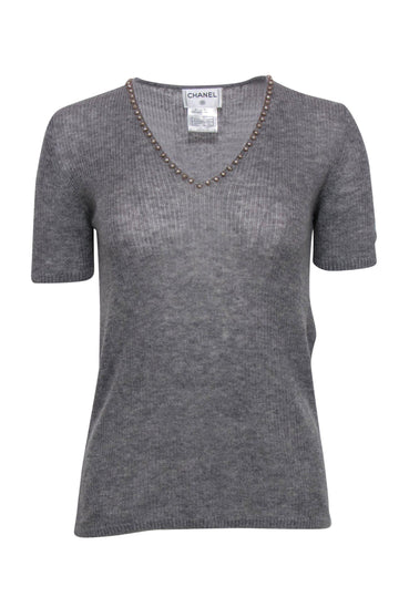 Top Quality Chanel - Grey Cashmere Blend Knit Short Sleeve Sweater w/ Pearl Trim Sz 10