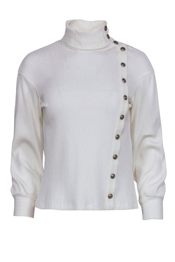 Top Quality Chanel  Ivory Ribbed Knit Long Sleeve Side Button Top Sz 4