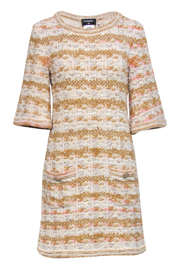 Top Quality Chanel - Ivory, Tan, & Pink Tweed Knit Dress Sz 4
