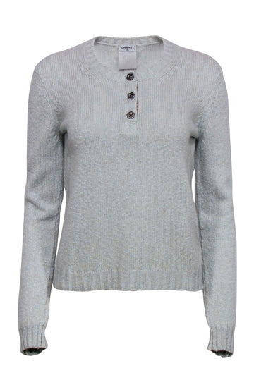 Top Quality Chanel - Mint Green Quarter Button-Up Sweater w/ Flower Buttons Sz 10