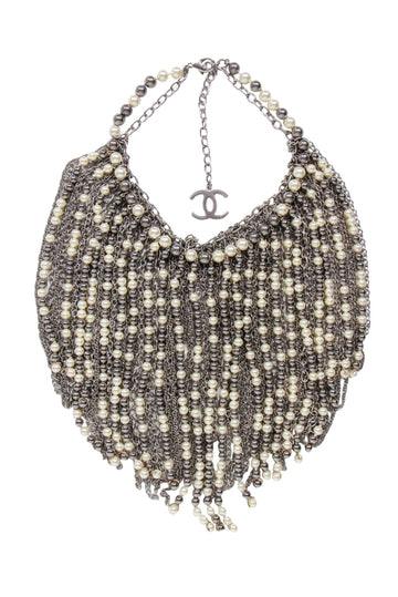 Top Quality Chanel - Silver Chain & Faux Pearl Large Fringe Necklace