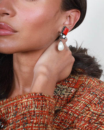 Top Quality Chanel Silver   96P Red, Crystal Pearl Drop Detail Clip-On Earrings