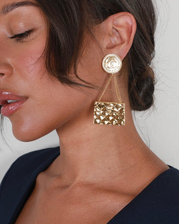 Top Quality Chanel   Gold Matelasse Bag and CC Logo Coin Clip-On Earrings