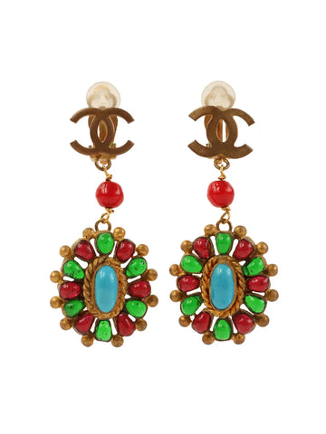 Top Quality Chanel 1993 Made Gripoix Cc Mark Swing Earrings Gold/Turquoise/Multi