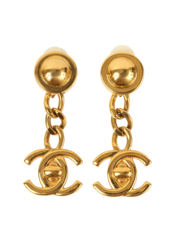 Top Quality Chanel 1996 Made Turn-Lock Chain Swing Earrings Gold
