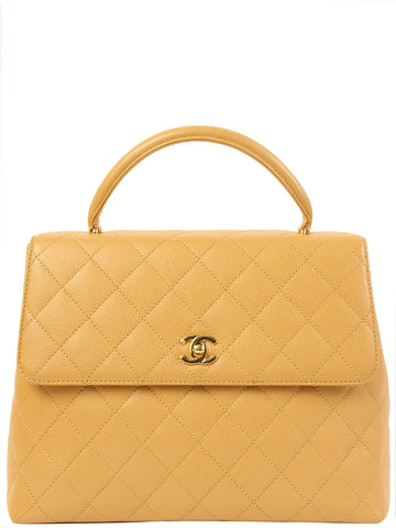 Top Quality Chanel Around 2003 Made Caviar Skin Turn-Lock Top Handle Bag Beige