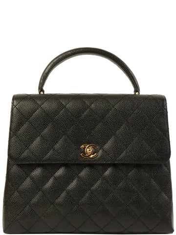Top Quality Chanel Around 2001 Made Caviar Skin Turn-Lock Top Handle Bag Black