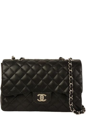 Top Quality Chanel Around 2007 Punching Leather Turn-Lock Chain Shoulder Bag Black