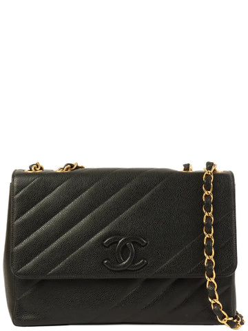 Top Quality Chanel Around 1995 Made Caviar Skin Cc Mark Diagonal Stitch Chain Bag Black