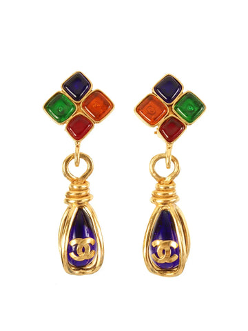 Top Quality Chanel 1995 Made Gripoix Clover Cc Mark Swing Earrings Gold/Multi