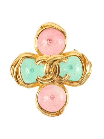 Top Quality Chanel 1996 Made Cross Motif Gripoix Cc Mark Brooch Green/Pink