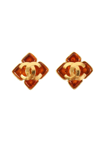 Top Quality Chanel 1995 Made Gripoix Clover Motif Cc Mark Earrings Gold/Brown