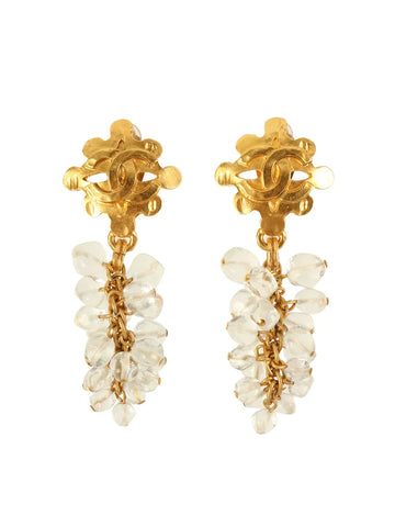 Top Quality Chanel 1994 Made Design Cc Mark Swing Stone Earrings Gold/Clear