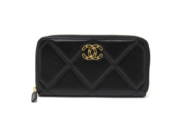Top Quality Chanel 19 Black Quilted Lambskin Leather Long Zip Around Wallet