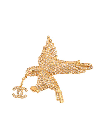 Top Quality Chanel 2001 Made Rhinestone Eagle Motif Cc Mark Brooch Gold