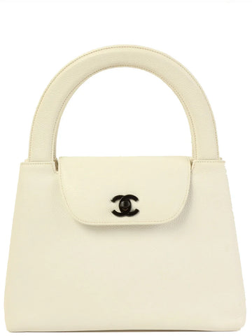 Top Quality Chanel Around 1998 Made Caviar Skin Turn-Lock Top Handle Bag White