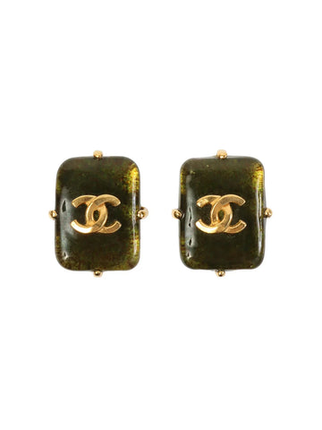 Top Quality Chanel 1997 Made Gripoix Rectangular Cc Mark Earrings Khaki/Gold