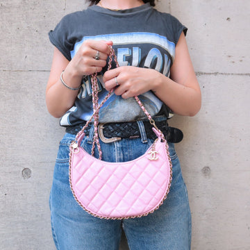 Auth Top Quality Chanel Matelasse Lamb Skin Small Hobo Shoulder Bag Pink AS3917   F/S