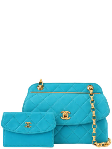Top Quality Chanel Around 1990 Made Turn-Lock Bijoux Chain Bag Turquoise Blue