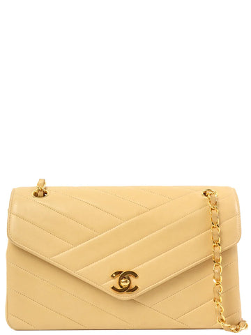 Top Quality Chanel Around 1995 Made Chevron Stitch V New Turn-Lock Chain Bag Beige