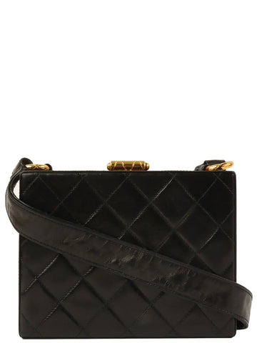 Top Quality Chanel Around 1990 Made Cc Mark Stitch Metal Clasp Box Shouder Bag Black