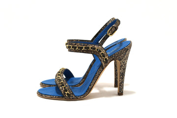 NEW Top Quality Chanel Blue Leather and Tweed Chain Strap Sandal Heel Shoes Size 37