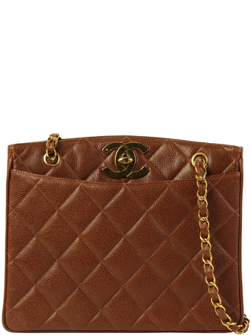 Top Quality Chanel Around 1995 Made Caviar Skin Turn-Lock Chain Tote Bag Brown