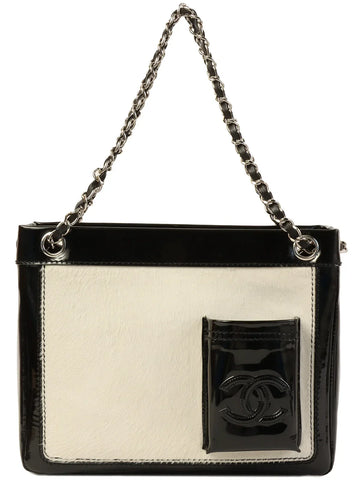 Top Quality Chanel Around 2005 Made Unborn Calf Patent Conbination Cc Mark Stitch Chain Tote Bag White/Black