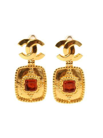Top Quality Chanel 1996 Made Gripoix Square Cc Mark Swing Earrings Gold/Brown