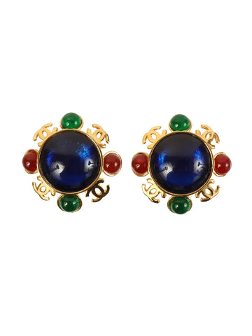 Top Quality Chanel 1990 Made Gripoix 4 Cc Mark Plate Earrings Gold/Multi