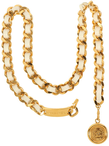 Top Quality Chanel 1995 Made Logo Plate Cc Mark Coin Charm Chain Belt Gold/White
