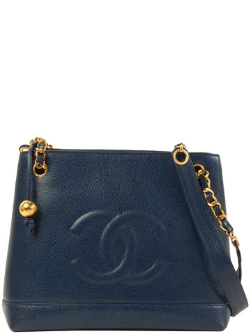 Top Quality Chanel Around 1992 Made Caviar Skin Cc Mark Stitch Chain Tote Bag Navy