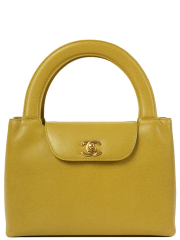 Top Quality Chanel Around 1998 Made Caviar Skin Turn-Lcok Top Handle Bag Lime Yellow