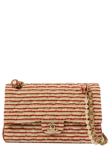 Top Quality Chanel Around 2014 Made Cotton Striped Classic New Chain Bag Beige/Red/White