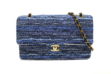 Top Quality Chanel Blue Tweed and Leather Classic Medium Double Flap Shoulder Bag