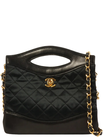 Top Quality Chanel Around 1990 Made Leather Satin Combination Turn-Lock 2Way Chain Bag Black